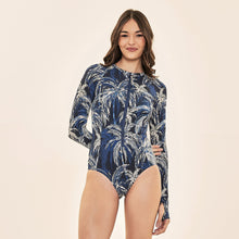 Load image into Gallery viewer, Model Front: Uv Line One-Piece Swimsuit Macae Coconut Palms Navy Blue Upf50+