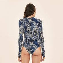 Load image into Gallery viewer, Model Back: Uv Line One-Piece Swimsuit Macae Coconut Palms Navy Blue Upf50+
