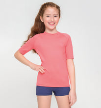 Load image into Gallery viewer, Model Front: Uv Line Rash Guard Kids Fpu50+ Uvpro Short Sleeve T-Shirt Coral Uv
