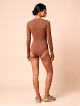 Load image into Gallery viewer, Model Back: Uv Line One-Piece Long Sleeve Swimsuit Macae Brown Upf50+
