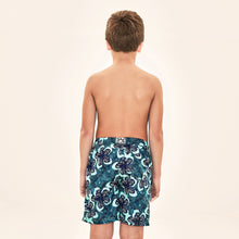 Load image into Gallery viewer, Model Back: Uv Line Boy's Swimwear Shorts Aqua Hibiscus Kids Upf50+
