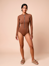 Load image into Gallery viewer, Model Front: Uv Line One-Piece Long Sleeve Swimsuit Macae Brown Upf50+
