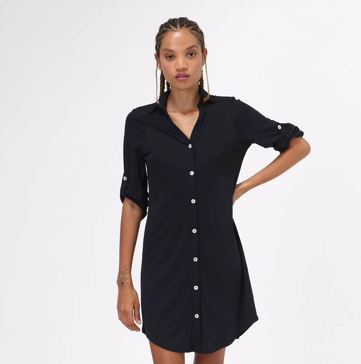 Model Front: Uv Line Shirtdress Copenhagen Fpu50+ Shirtdress Black Uv