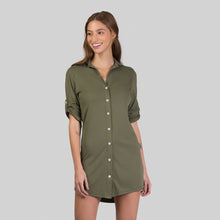 Load image into Gallery viewer, Model Front: Uv Line Beach Dresses Shirtdress Copenhagen Verde Militar Upf50+
