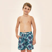 Load image into Gallery viewer, Model Front: Uv Line Boy's Swimwear Shorts Aqua Hibiscus Kids Upf50+
